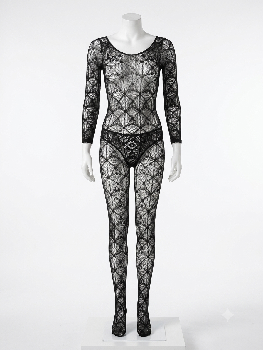 Ninghong Geometric Webbed Lace Long-Sleeve Bodystocking – Ultra-Stretch (Free Size)