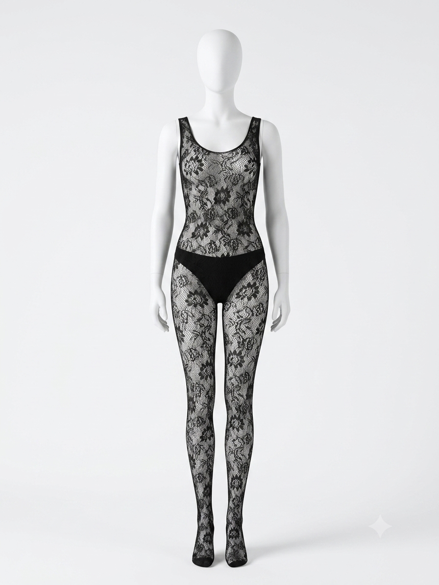 Ninghong Floral Lace Full-Body Mesh Bodystocking – Ultra-Stretch (Free Size)