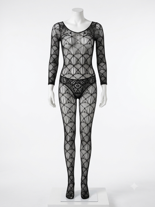 Ninghong Geometric Webbed Lace Long-Sleeve Bodystocking – Ultra-Stretch (Free Size)