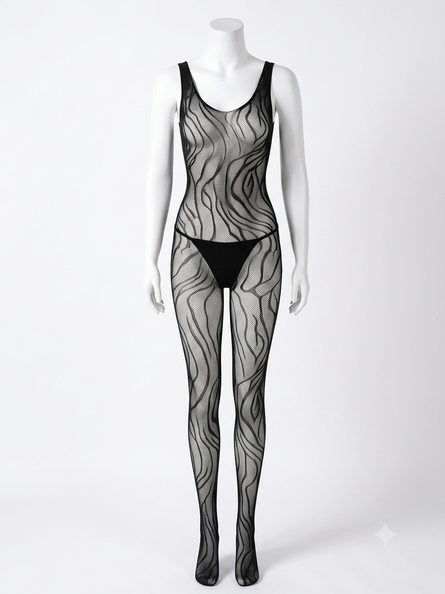 Ninghong Wave Pattern Sheer Bodystocking | Ultra-Stretch Free Size