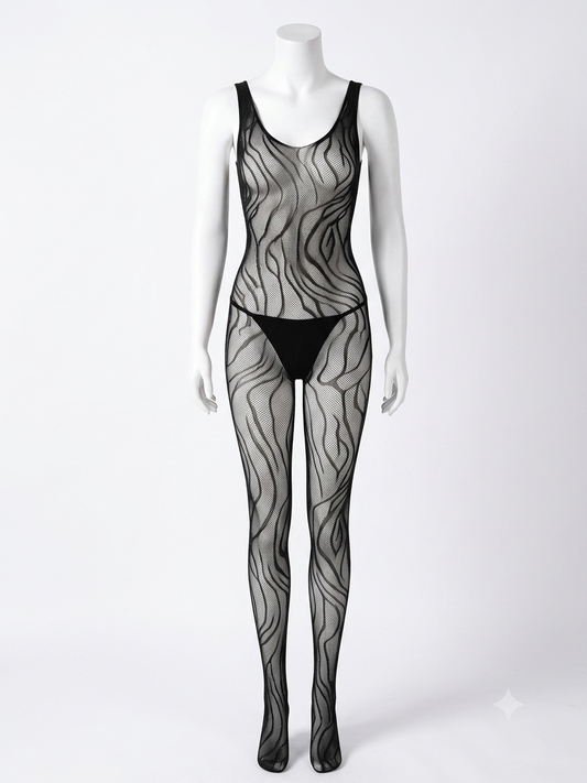 Ninghong Wave Pattern Sheer Bodystocking | Ultra-Stretch Free Size