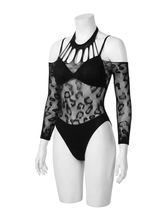 Miss Lotte Off-Shoulder Leopard Fishnet Bodystocking – Ultra-Stretch (Free Size)
